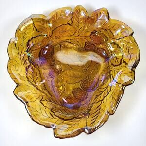 Vintage 1970s Indiana Loganberry Harvest Gold Amber Carnival Glass Dish Bowl 6"